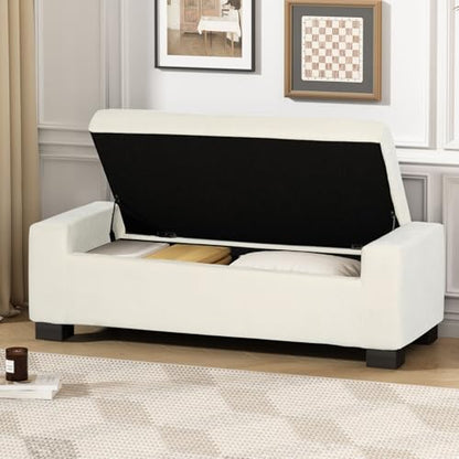 50" Ottoman Bench with Storage, Upholstered Seating Foot Rest Stool Furniture for Bedroom, Living Room, Entryway, White