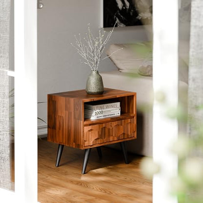Georgina Solid Wood Nightstand with 1 Drawer & Open Shelf- Fully Assembled Mid Century Modern Side Table - Geometric Pattern Bedside Dresser for Bedroom and Living Room, Dark Chocolate