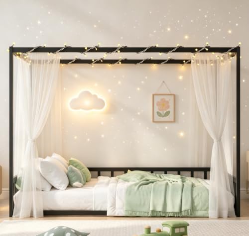 Full Canopy BedFrame with led, Metal Montessori House Floor Bed, view 4