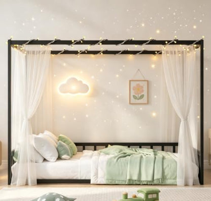 Full Canopy BedFrame with led, Metal Montessori House Floor Bed, view 4