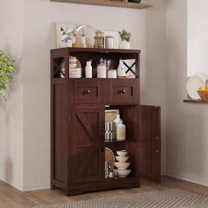 Dark Brown Storage Cabinet with Doors and Shelves - Farmhouse Kitchen Pantry Cabinet with Storage, Coffee Bar Station, Hutch Cupboard for Kitchen, Living Room, Home Office, Dining Room