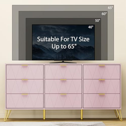 Pink 9 Drawer Dresser for Bedroom with Gold Handles, Long Dresser & Chest of Drawers with Deep Drawers, Modern Wood Dressers for Closet Living Room（Pink）