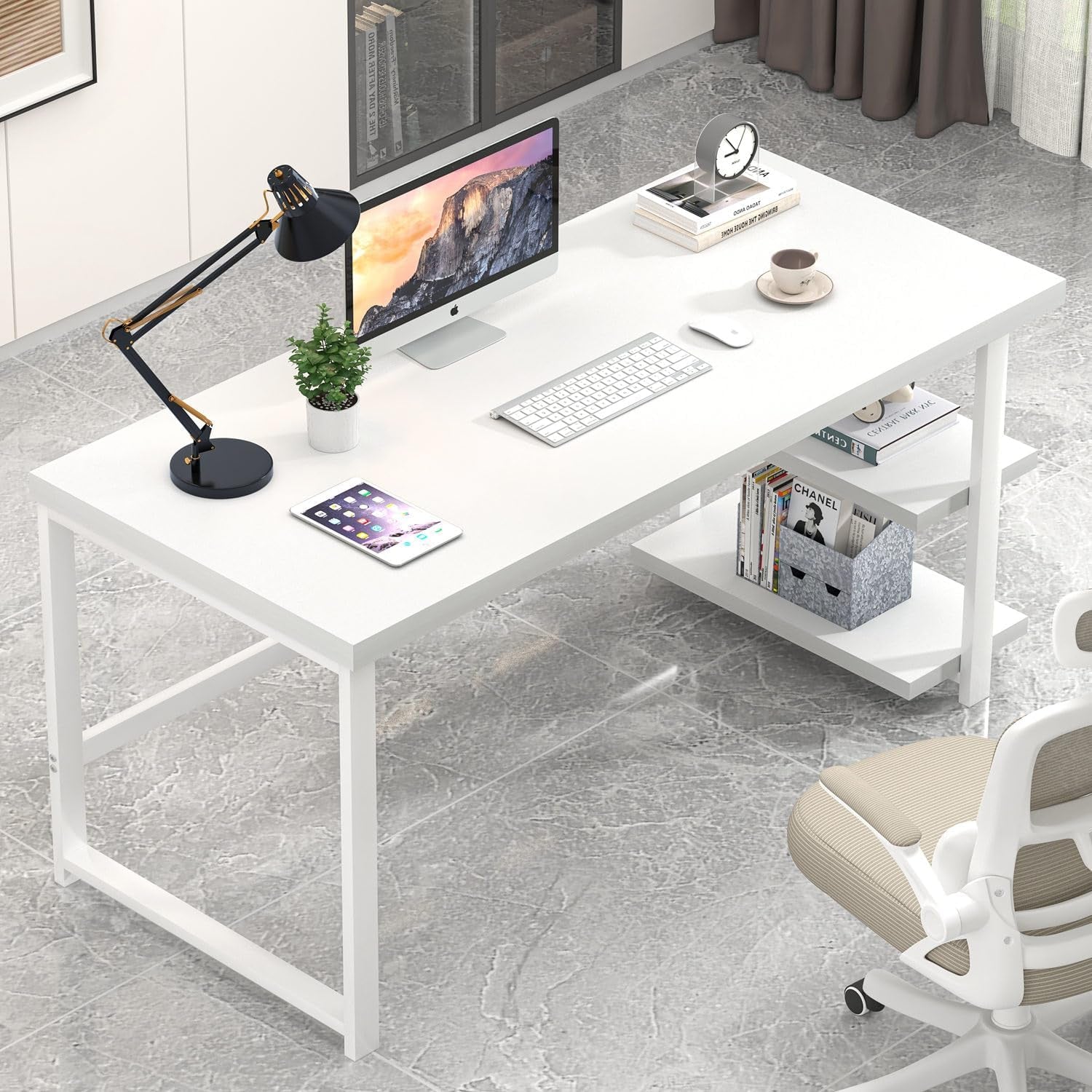 White Computer Desk, Modern Home Office Desk with Storage Shelf, Wood and Metal Writing Study Table for Living Room Bedroom, 53 Inch