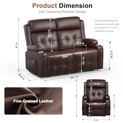 Reclining Loveseat, 2 Single Power Heat & Massageable Recliner Chairs with Storage, Cup Holders, Oversized Massage Sofa Heavy Weight Capacity, Wall Hugger Couches for Living Room & RV