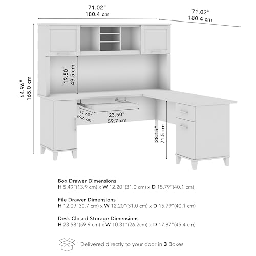 72-Inch L-Shaped Desk with Hutch, Corner Computer Office Desk with File and Box Drawers, Shelves and Storage Cabinet, Home Office Workstation, Somerset Collection, Ash Gray