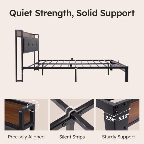 Queen Size Bed Frame with Wooden Storage Headboard & Charging Station, view 7