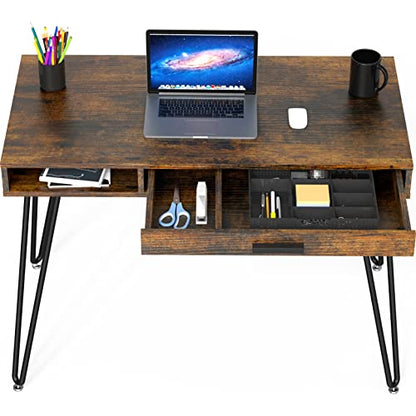 Home Office Computer Hairpin Leg Desk with Drawer, Rustic Brown