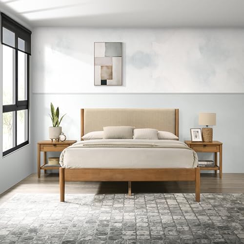 Vichy 3-Piece Rubberwood Bedroom Set, Platform Bed with Two Nightstands, Queen, Textured Polyester