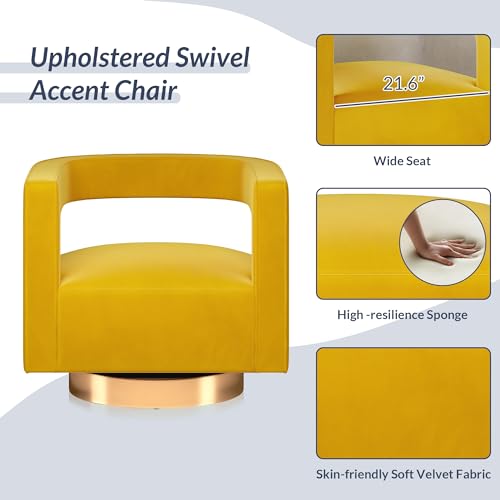 Swivel Barrel Accent Chair, Modern Upholstered Arm Comfy Velvet Curved Back Round Chair with Gold Base Wood Frame, 360 Degree for Living Room Bedroom Office,Yellow