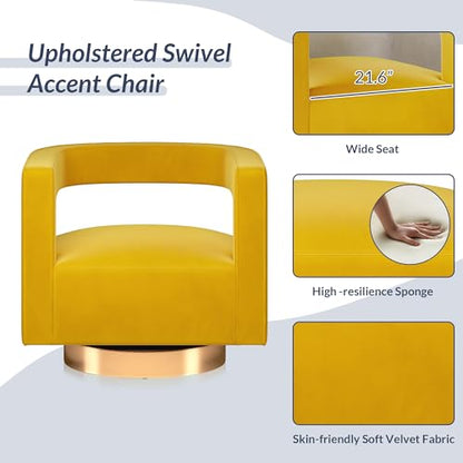 Swivel Barrel Accent Chair, Modern Upholstered Arm Comfy Velvet Curved Back Round Chair with Gold Base Wood Frame, 360 Degree for Living Room Bedroom Office,Yellow