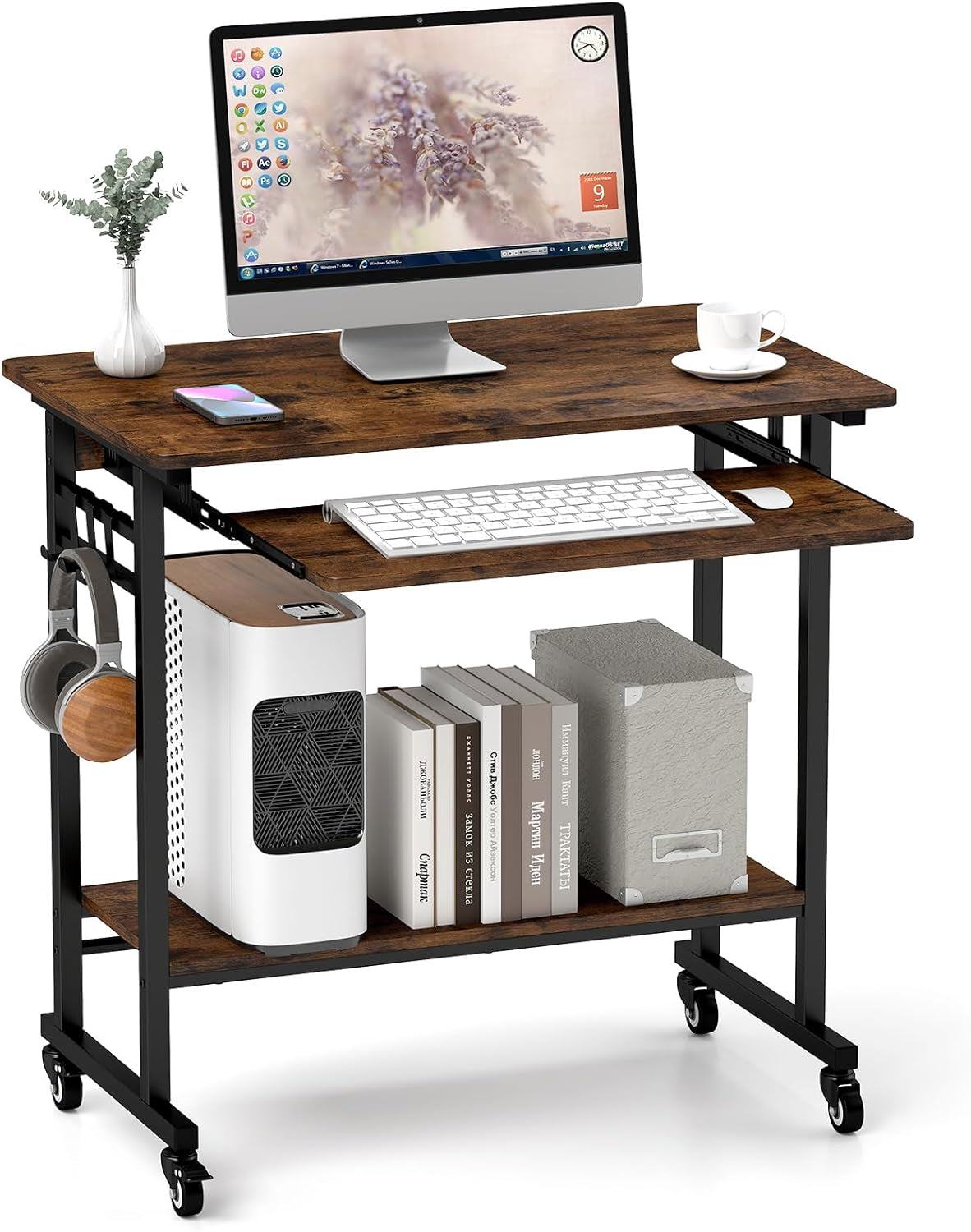 Rolling Computer Desk Cart with Keyboard Tray, Mobile Portable Laptop PC Desk with CPU Stand & 3 Hooks for Sofa & Bed, Industrial Small Desk on Wheels for Small Spaces, Home Office Desk