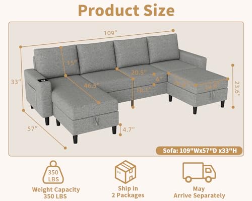 Smart Sectional Couches for Living Room, 6 Seat U/L Shaped Sectional Sofa with RGB Light/Charging, Modern Living Room Furniture for Apartments/Office/More (Light Gray)