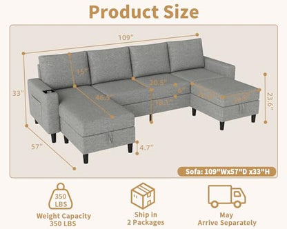 Smart Sectional Couches for Living Room, 6 Seat U/L Shaped Sectional Sofa with RGB Light/Charging, Modern Living Room Furniture for Apartments/Office/More (Light Gray)