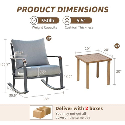 Glider Rocking Chair Bistro Set, 3 Pieces Outdoor Patio Furniture Conversation Set with 2 Rocker Chairs, 1 Table and Thick Cushions for Backyard, Porch, Balcony, 350lbs, Grey.