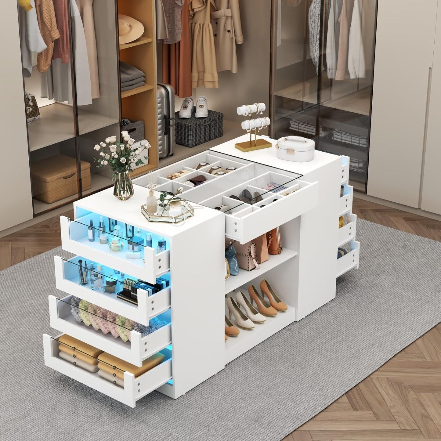 Closet Island with Drawers, Armoire Wardrobe Closet with LED Lights White Dresser Walk-In Closets with Glass Top for Bedroom & Cloakroom