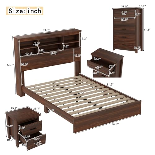 4-Pcs Queen Size Bed Frame & Dresser & 2 Night Stand Bedroom Set, Platform Bed with USB Charging Ports Storage Headboard, Cabinet Dresser with 5 Drawers, Nightstands, Wooden, Dark Walnut