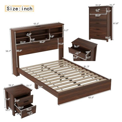 4-Pcs Queen Size Bed Frame & Dresser & 2 Night Stand Bedroom Set, Platform Bed with USB Charging Ports Storage Headboard, Cabinet Dresser with 5 Drawers, Nightstands, Wooden, Dark Walnut