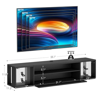55 Inch Wall Mounted Floating TV Stand with LED Lights & Shelves, view 3