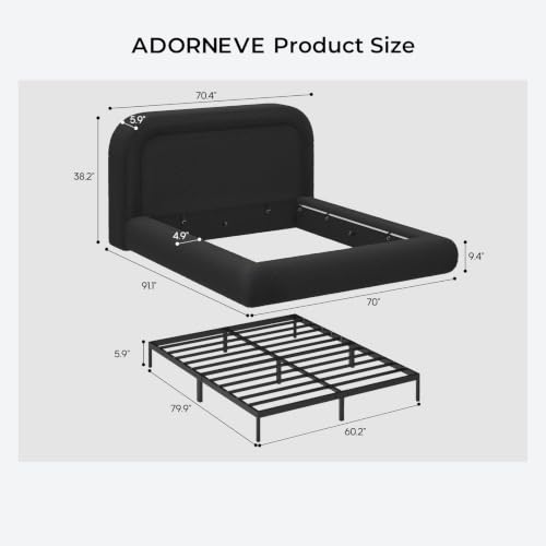 Upholstered Queen Cloud Bed Frame with 5.9" Headboard, Black, view 3