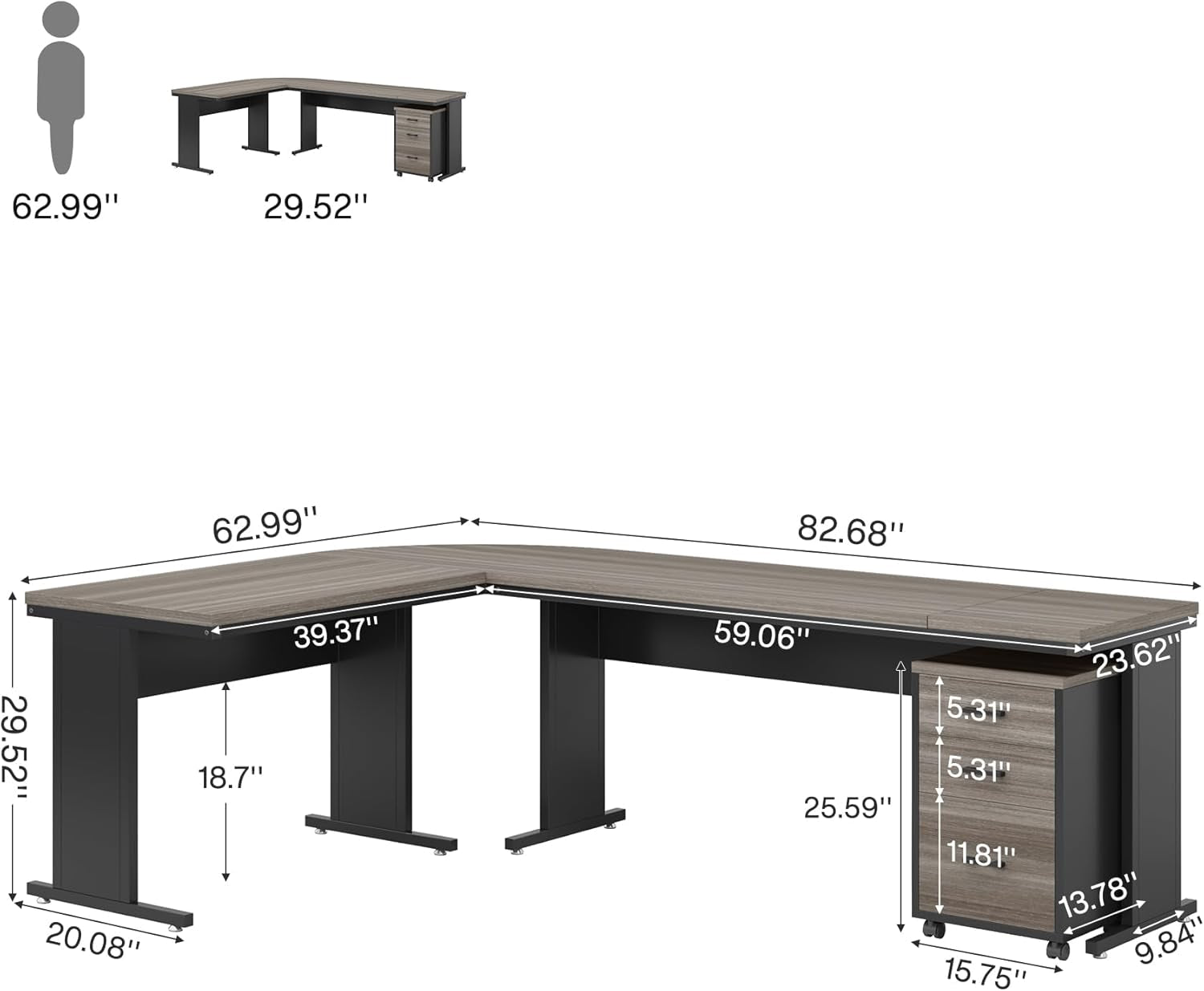 83" L-Shaped Executive Desk, Reversible Modern Office Desk with Drawers & Rolling File Cabinet, Large Corner Computer Desk Business Workstation for Home Office (Gray)