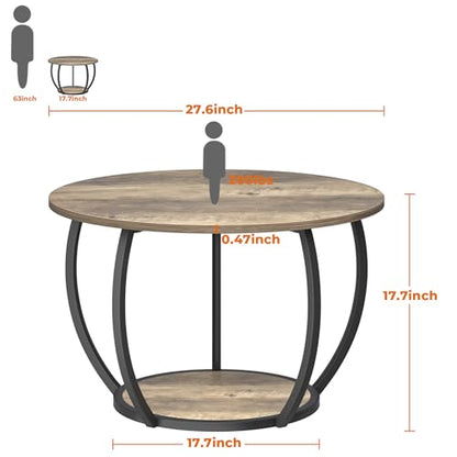 27.6 Inch Round Coffee Table with 2-Tier Storage | Center Table Living Room & Apartment Farmhouse Decor, Stable Waterproof Scratchproof Top, Lightweight Easy Assembly Gray Wash