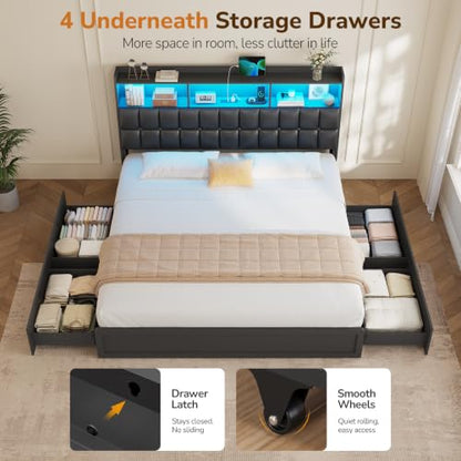 California King Bed Frame with 4 Drawers, 2-Tier Storage Headboard, view 7