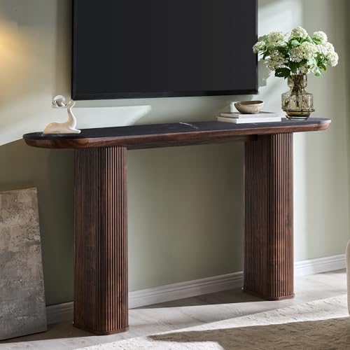 63 Inch Modern Console Table with Arc Faux Marble Texture Top, Fluted Wood Base, Contemporary Entryway Sofa Table for Living Room, Hallway, Foyer, Dark Walnut