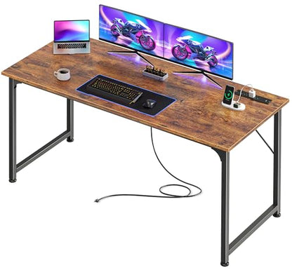 55 X 20 Inch Computer Desk, Power Outlets, USB-C, Rustic Brown, view 2