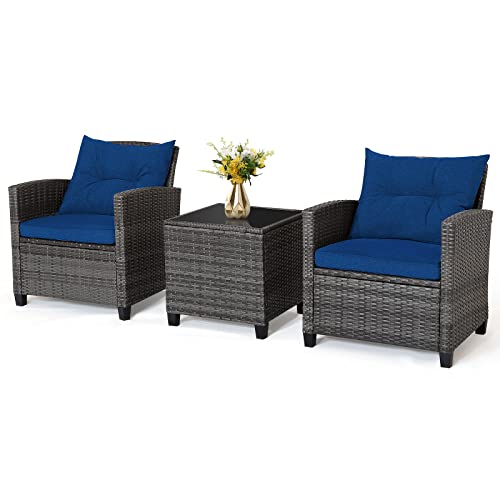 Wicker Patio Furniture Sets - 3 Pieces Patio Rattan Sofa Set, Outdoor Conversation Set with Tempered Glass Tabletop, Heavy-Duty Steel Frame, Wicker Chair Set for Poolside, Backyard, Navy