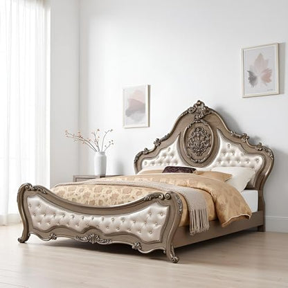 Ragenardus Queen Bed Synthetic Leather Upholstered Headboard Vintage Oak Carved Wood Frame Elegant Bedroom Furniture Luxury Design Sturdy Construction Classic Style Timeless Comfort