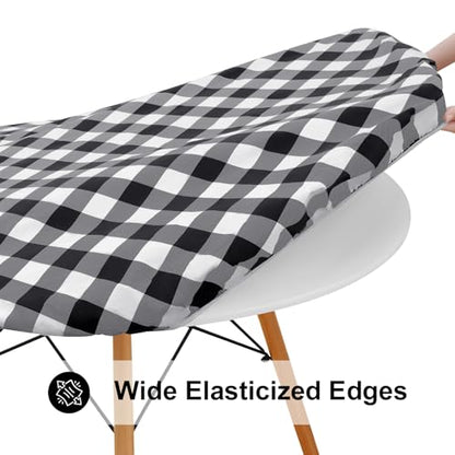 Round Picnic Tablecloth, Elastic Waterproof Fitted Vinyl Tablecloths for 45"-56" Tables, Flannel Backed Buffalo Plaid Table Cover for Dining, Camping, Outdoor, Black and White