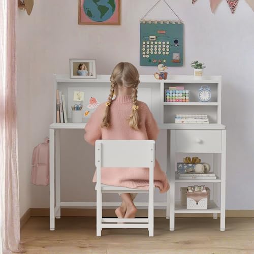 White Kids Desk and Chair Set for 6-12 Year Old, view 3