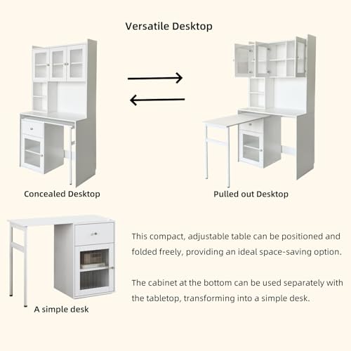 L Shaped Home Office Desks with 90° Rotating Retractable Desktop, Glass Door, view 7