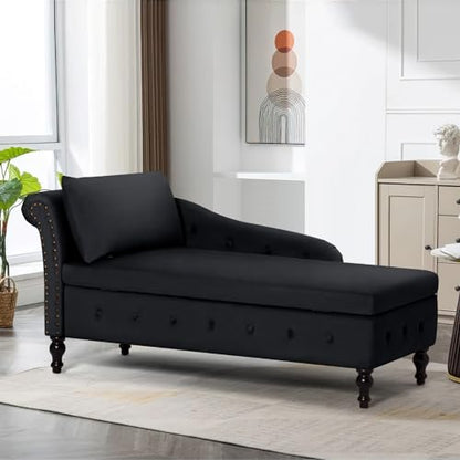 Velvet Chaise Lounge w/Left Armrest & Storage Space, Black, view 2