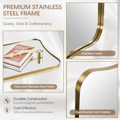Full Length Mirror 21" x 64", Gold Decorative Full Body Mirror with Stainless Steel Thin Frame, Italian Curved Edge Design, Wall Mount or Leaning for Bedroom, Cloakroom, Living Room