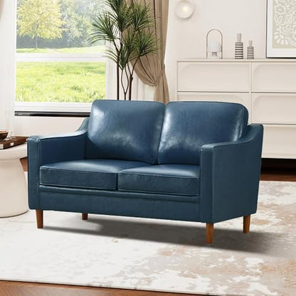 60" Faux Leather Sofa, Loveseat Couch, Mid Century Modern Love Seat Couches with Solid Wood Frame for Living Room Bedroom
