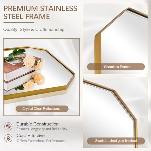 Gold Octagon Bathroom Mirror, 24x36 Inch Stainless Steel Metal Frame, Anti-Rust, Shatterproof HD Glass, Wall Mounted for Bathroom, Bedroom, Living Room