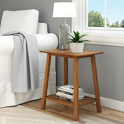 Wooden Side Table with Storage, Mid Century Modern End Tables for Living Room, Small Solid Wood Nightstand, Bedside Tables, Bedroom Furniture, Pecan