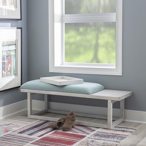 Powell Oakland White Washed Wooden Bench with Aqua Upholstered Seat and Removable Wood Tray