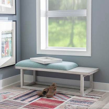 Powell Oakland White Washed Wooden Bench with Aqua Upholstered Seat and Removable Wood Tray