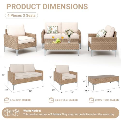 4-Piece Outdoor Sectional Sofa Set, All-Weather Wicker Patio Furniture with L/R armrest & Tempered Glass Table, Comfortable Garden Conversation Set for Backyard, Poolside, Deck,Beige