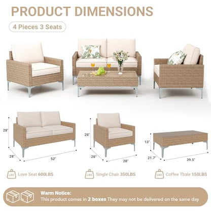 4-Piece Outdoor Sectional Sofa Set, All-Weather Wicker Patio Furniture with L/R armrest & Tempered Glass Table, Comfortable Garden Conversation Set for Backyard, Poolside, Deck,Beige