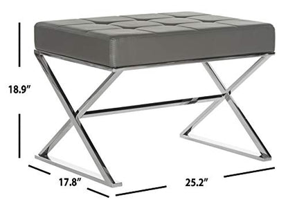 Safavieh Home Collection Micha Modern Glam Cream Tufted and Silver Steel Ottoman
