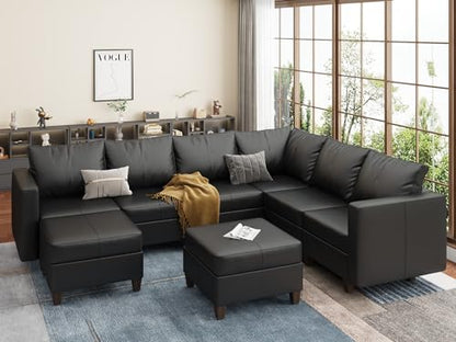 Faux Leather Sectional Sofa with Storage,Large U Shaped Faux Leather Modular Couch Sofa, Black