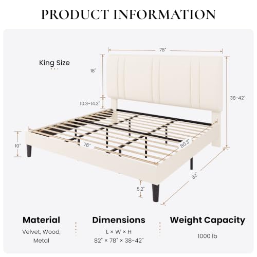 King Size Velvet Bed Frame with Adjustable Headboard, Cream, view 3
