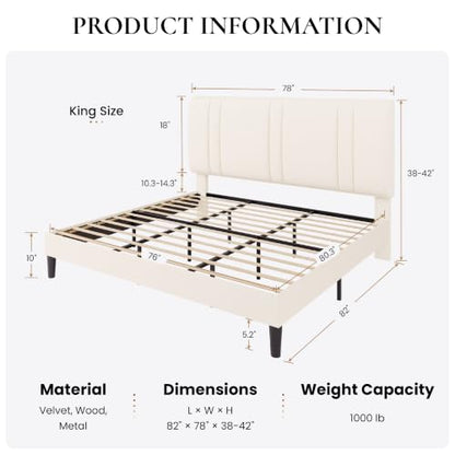 King Size Velvet Bed Frame with Adjustable Headboard, Cream, view 3