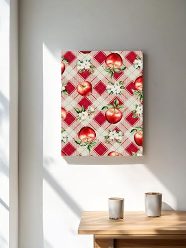 NuYeBiofx Farmhouse Red Apples White Floral Canvas Wall Art Prints,48"x32" Framed Picture Artwork Diamond Buffalo Plaid Printed Canvas Oil Painting for Living Room Bedroom Office,Ready to Hang