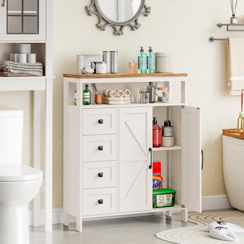 Farmhouse Storage Cabinet with 2 Doors and 4 Drawers, Freestanding Bathroom Cabinet Kitchen Pantry, Floor Storage Cabinets Hutch Cupboard for Kitchen/Living Room/Bathroom （Unique White）