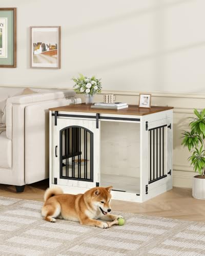 31.5 in Dog Crate Furniture Indoor Dog Kennel with 2 Feeding Bowls, view 4
