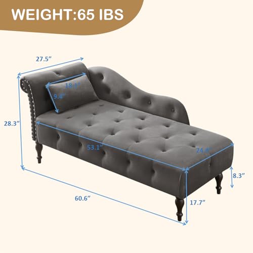 Tufted Upholstered Velvet Rolled Arm Chaise Lounges Indoor Chair, Grey, view 4
